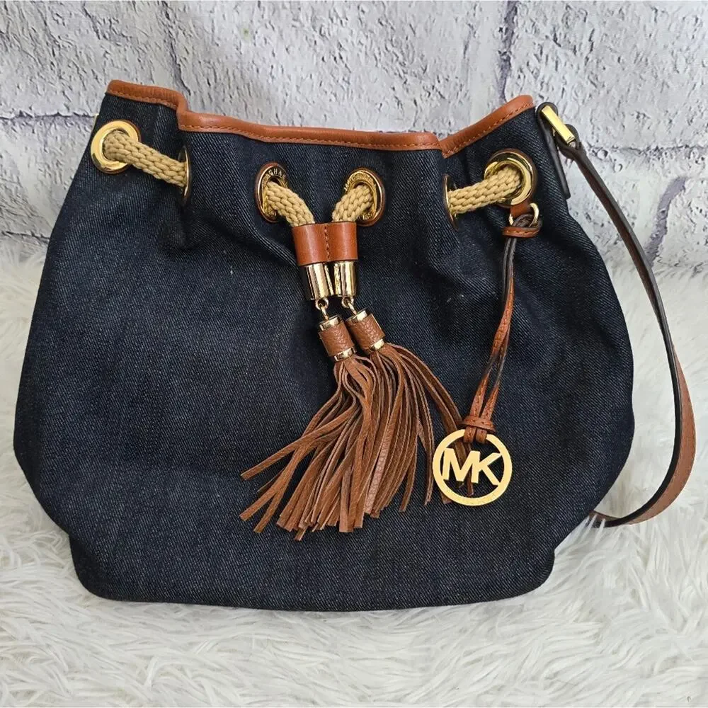 Michael Kors Blue Denim Designer Hobo Handbag With Brown Leather Tassels